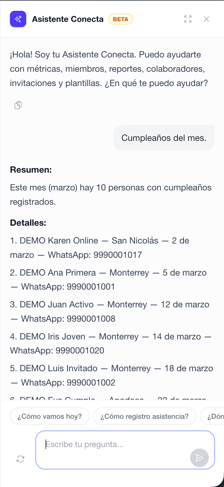 Vista real de la pantalla del Asistente Conecta